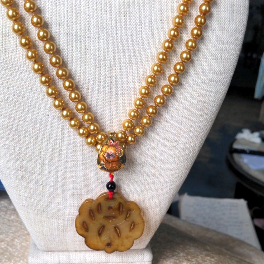 New Serpentine & Gold Faux Pearls  Pendant Necklace, Gold, Statement, Versatile